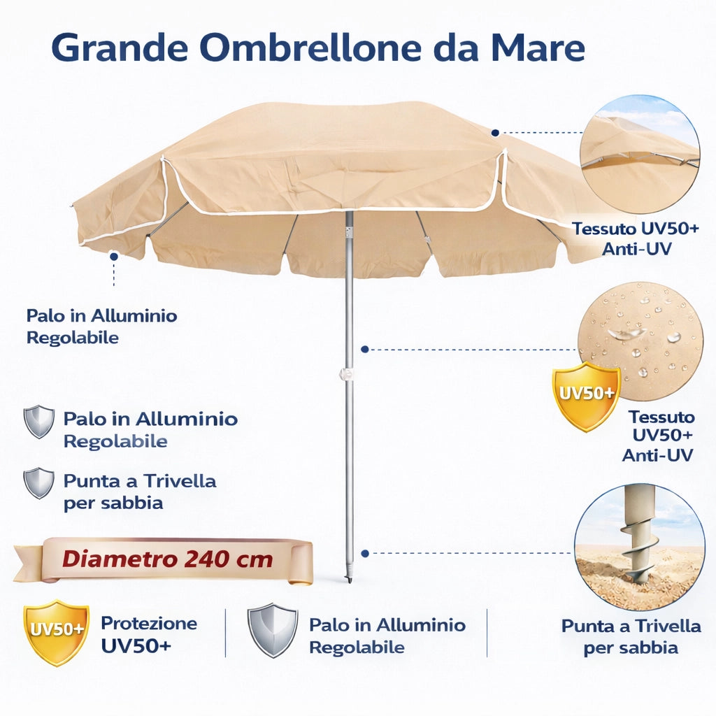 Ombrellone Mare Spiaggia 240 cm Antivento Alluminio UV50+ Inclinabile con Custodia e Trivella