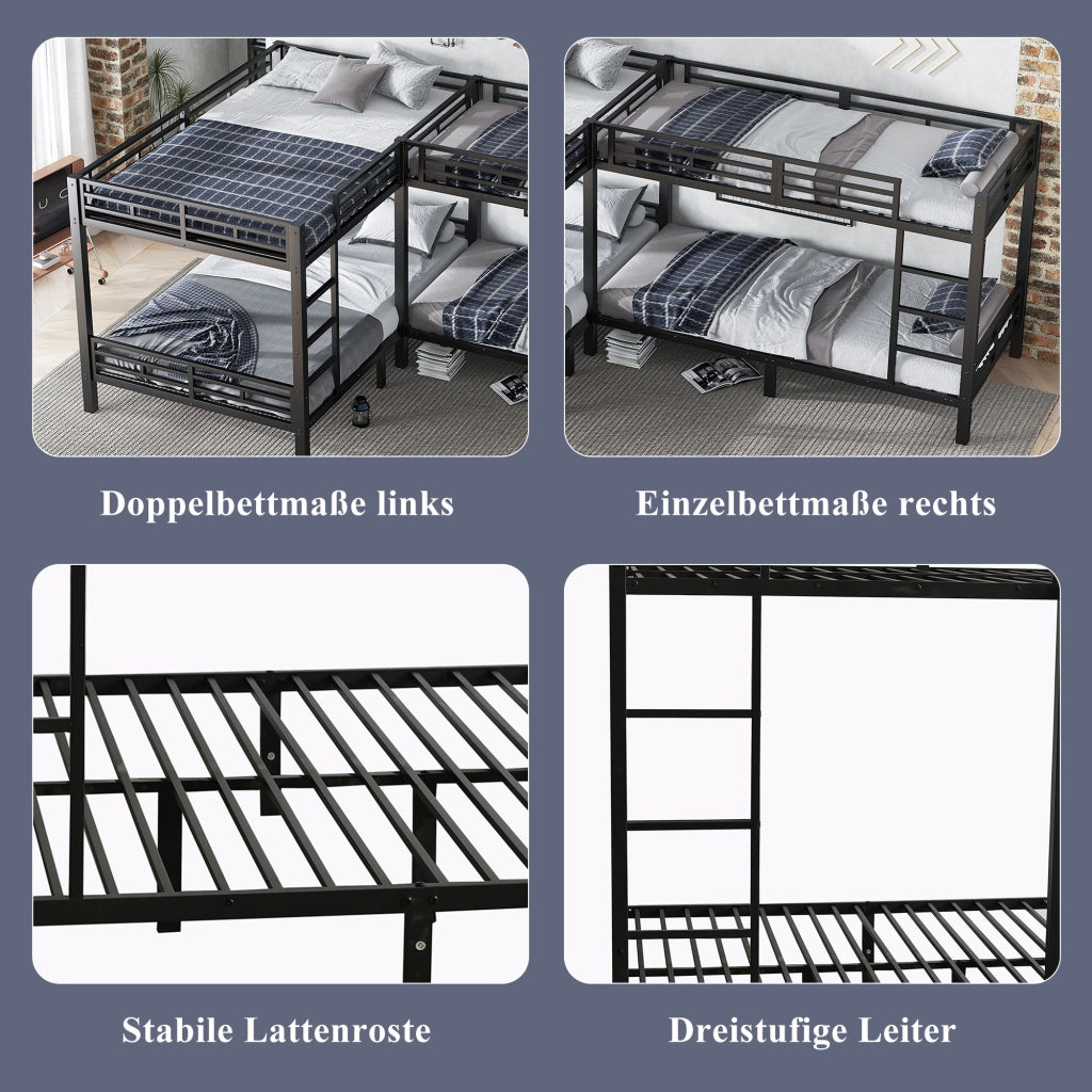 Letto a Castello 90x200 cm e 140x200 cm - Scala a 3 Gradini e Rete a Doghe - Nero
