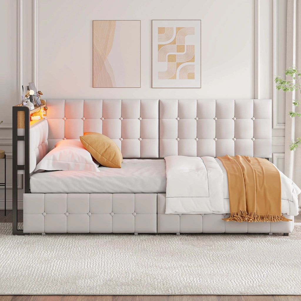 LETTO Imbottito 90 x 200 cm Beige con 2 Cassetti, LED e porte USB/Type-C