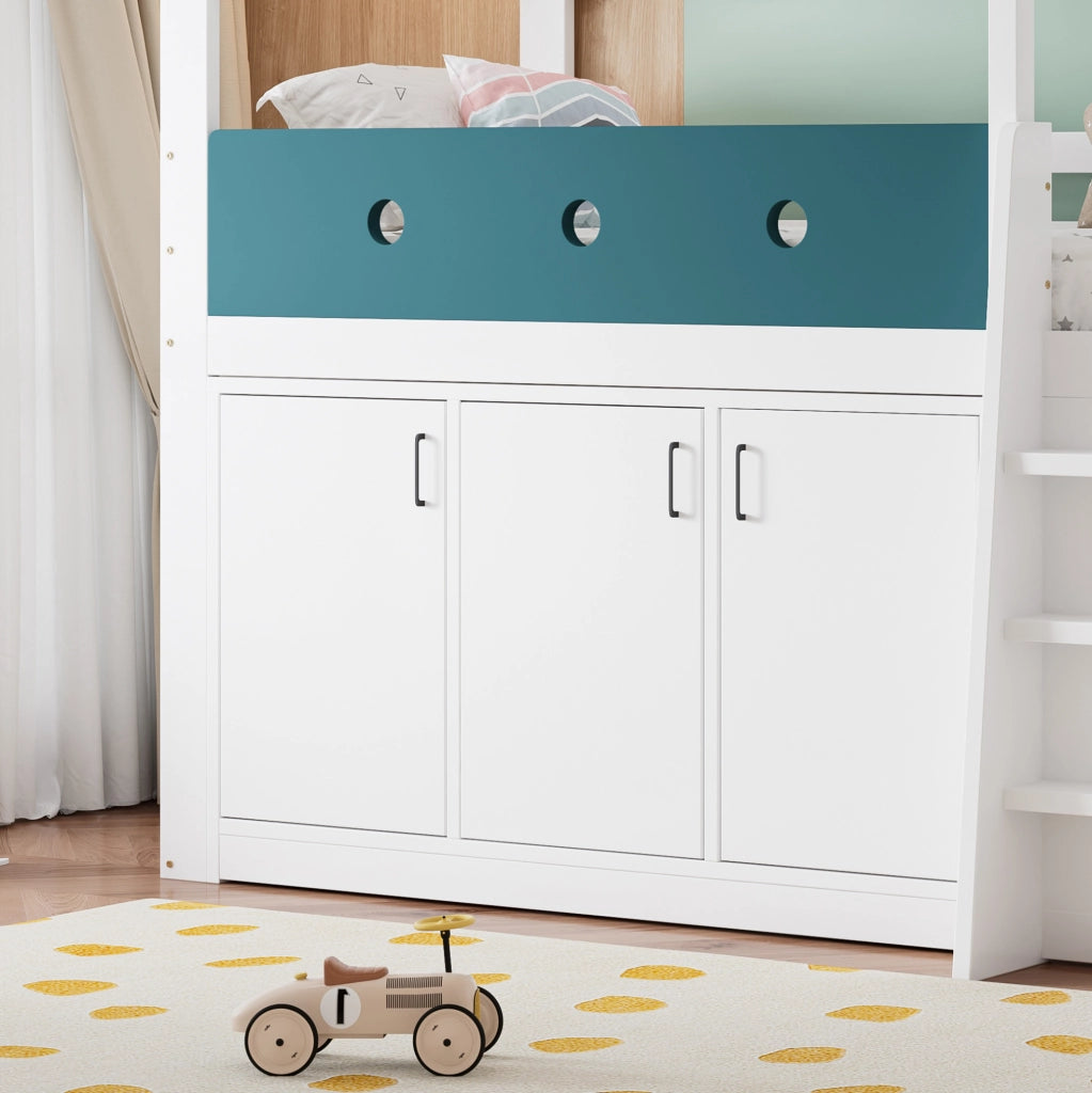 Letto a soppalco semialto 90x200 cm a forma di casa con armadio e area gioco bianco