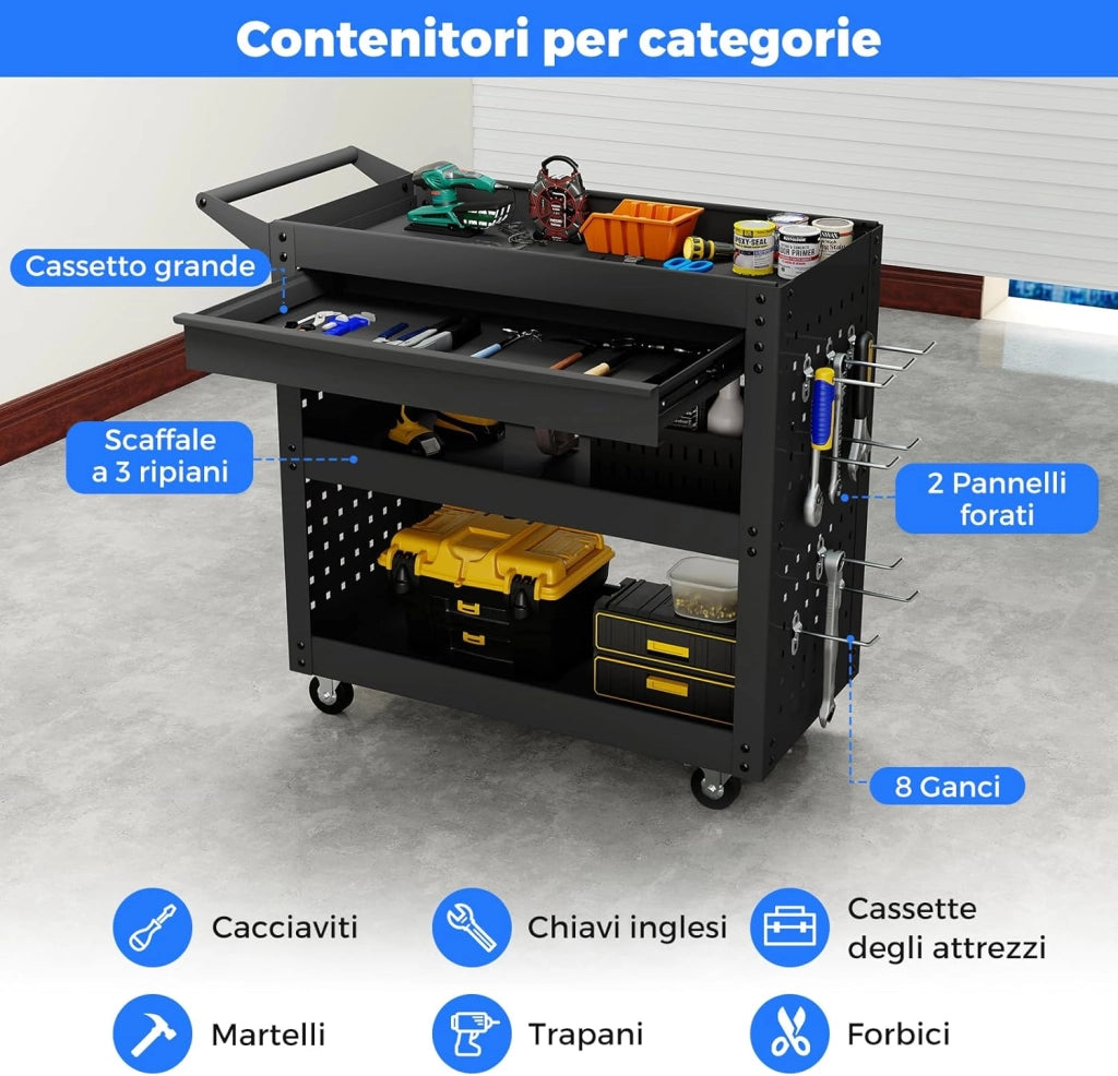 Carrello Portautensili a 3 Ripiani con Ruote, Carrello Attrezzi in Metallo con Cassetto Grande, 2 Pannelli Forati e 8 Ganci, Carrello di Servizio per Garage e Officina, Portata 250 kg