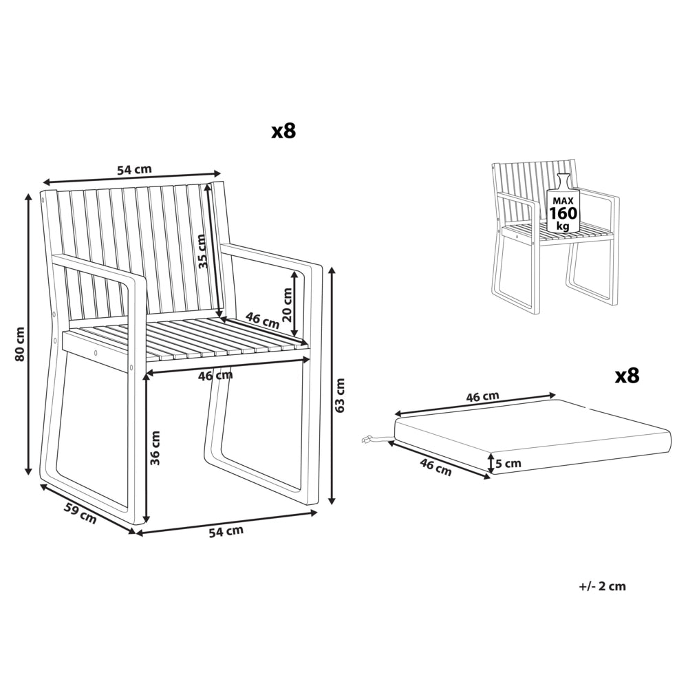Set di 8 sedie da giardino in legno di acacia marrone con cuscini di seduta grigio resistenti all'acqua