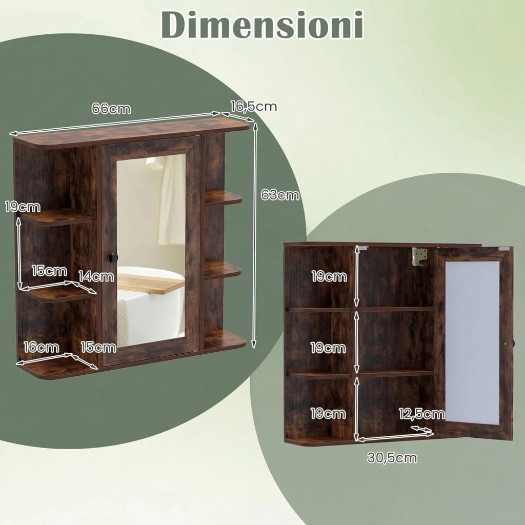 Mobile Bagno da Parete, Armadietto Pensile in Legno con 1 Anta, 6 Scomparti Aperti e 3 Ripiani, Mobiletto da Bagno Salvaspazio per Soggiorno e Camera da Letto, 66 x 16,5 x 63 cm (Marrone)