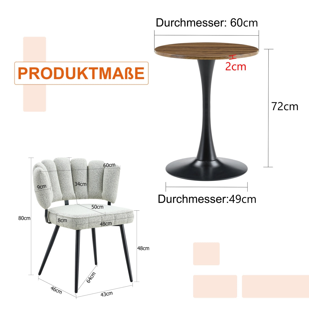 Tavolo da pranzo rotondo con 2 sedie piano in MDF, base centrale stabile, colore noce e nero, Ø 60 cm