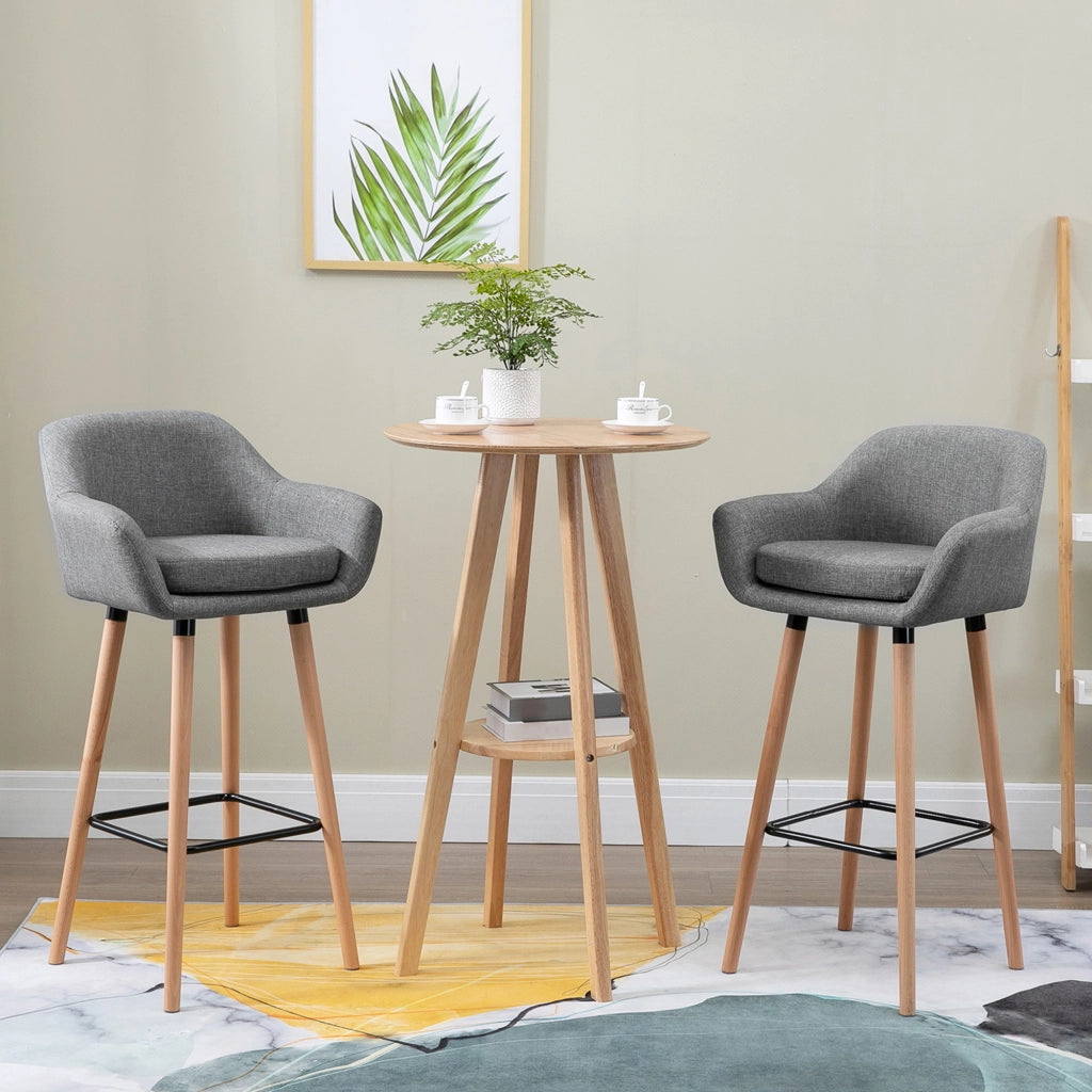 Sgabelli da Bar Scandinavi ¨C Xylo ¨C Set di 2 con Braccioli e Poggiapiedi, Legno Massello e Lino Grigio Scuro