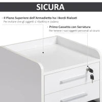 Schedario da Ufficio con 3 Cassetti, 5 Ruote, Cassettiera Ufficio con Serratura e 2 Chiavi per Lettera/Legale/Formato A4, Armadietto Verticale per Studio, 39.2x40x65.4 cm, Bianco
