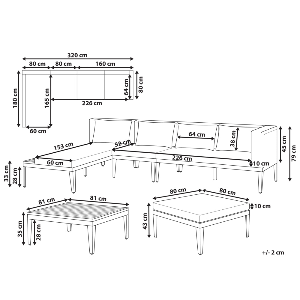 Set da giardino 4 posti in legno di acacia certificato con divano angolare tavolino e cuscini beige chiaro lato sinistro con ottomano