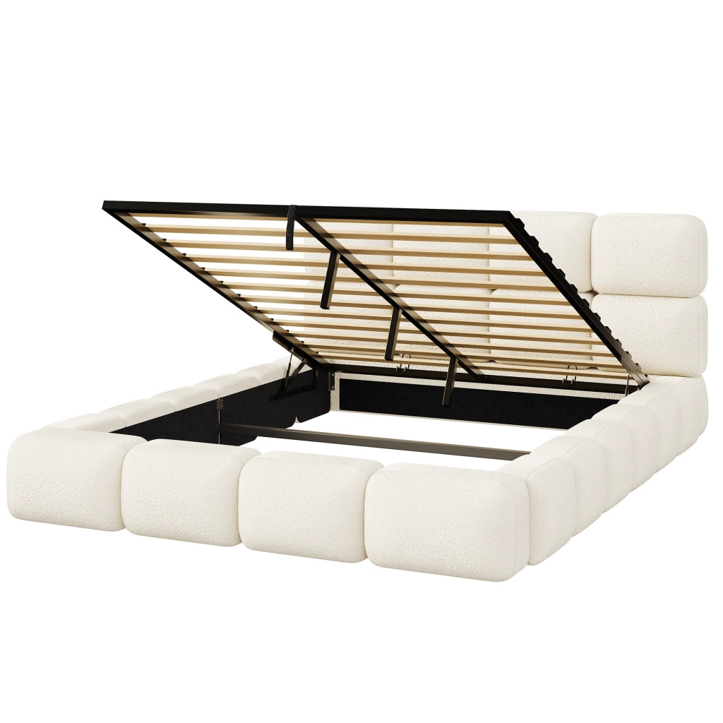 Letto Contenitore 160x200 cm; Idraulico e con Rete in Bouclé Bianco