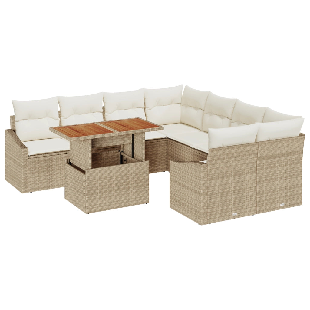 Set da Pranzo da Giardino da 9 Pezzi con Cuscini Beige in Polyrattan e Acacia