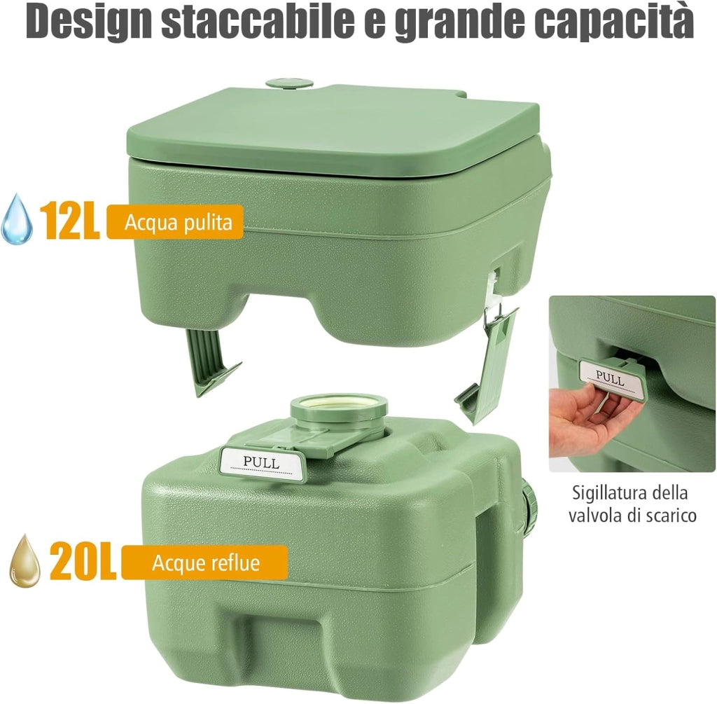 20L Toilette Portatile con Serbatoio d'Acqua Rimovibile a Maniglia,WC Chimico da Esterno per Campeggio, Water Portatile per Adulti e Anziani, Supporto Carico 150kg, 36 x 42 x 43 cm (Verde)
