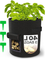 Zakche di Cultivo per Piante con Maniglione 40L - 3 Sacchi per la Crescita delle Piante con Finestra e Etichettatura