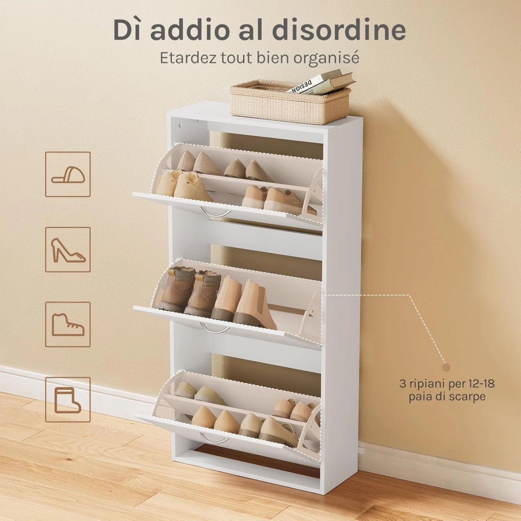 Scarpiera con 3 Cassetti a Ribalta, Portascarpe Stretto con Ripiani Regolabili, Capienza 14-18 Paia, 58x23x118 cm, Bianco, per Corridoio e Soggiorno