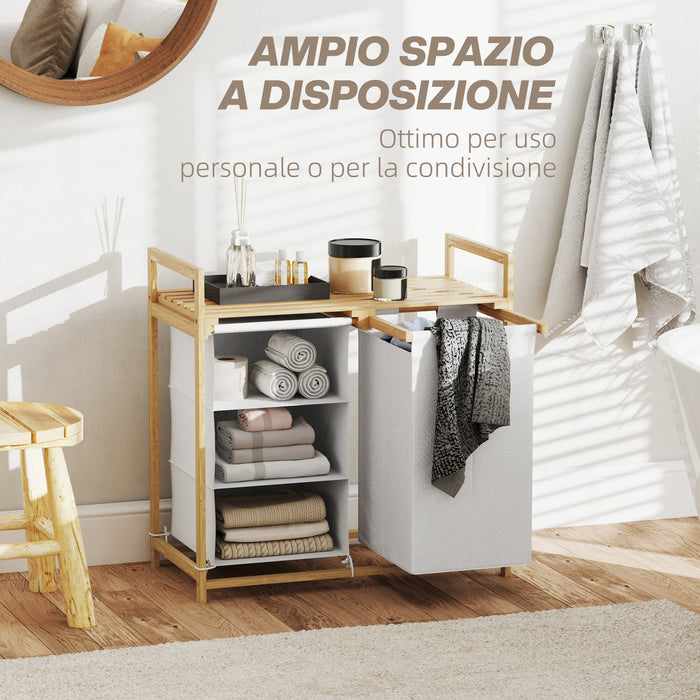 Cesto Portabiancheria 70x36x70 cm con 2 Borse Estraibili e Ripiano in Bambù Bianco
