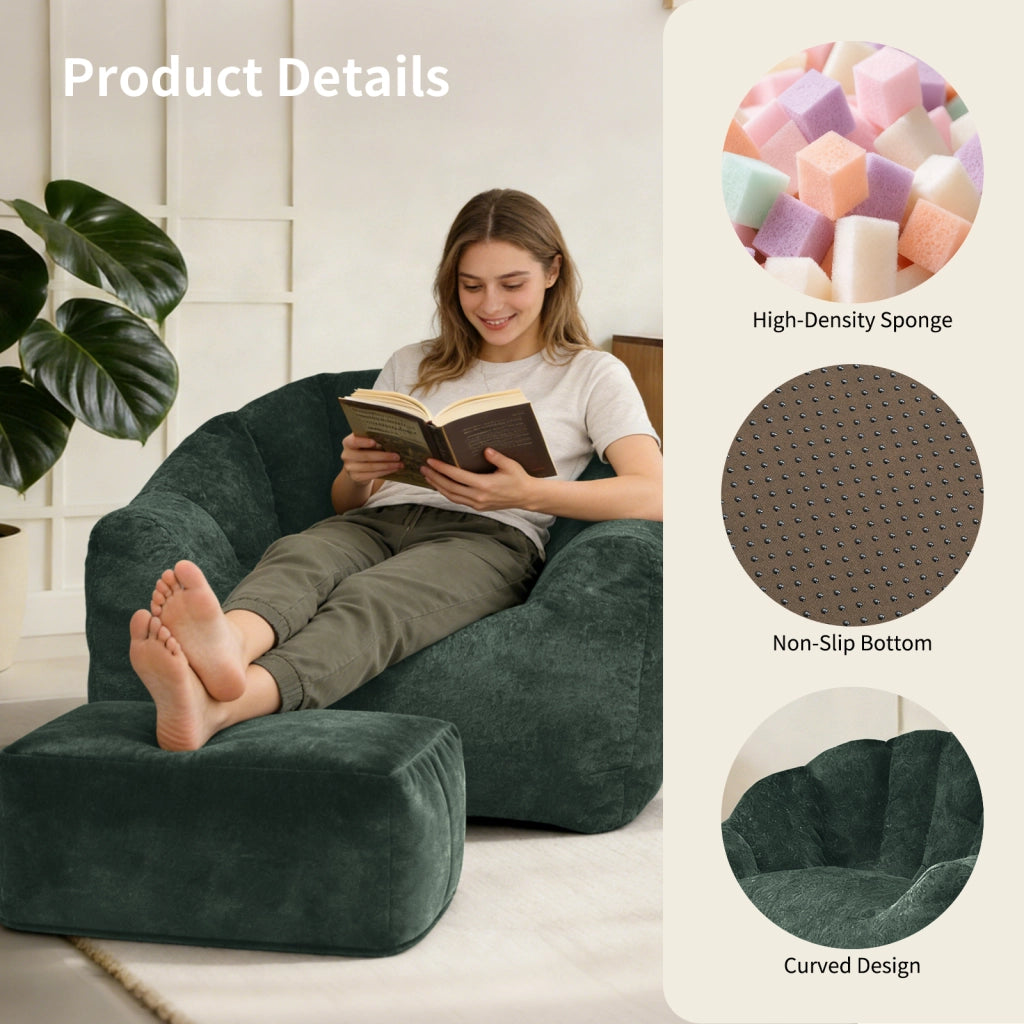 Fauteuil con pouf in ciniglia con schienale a petali e imbottitura ad alta resilienza verde scuro per relax