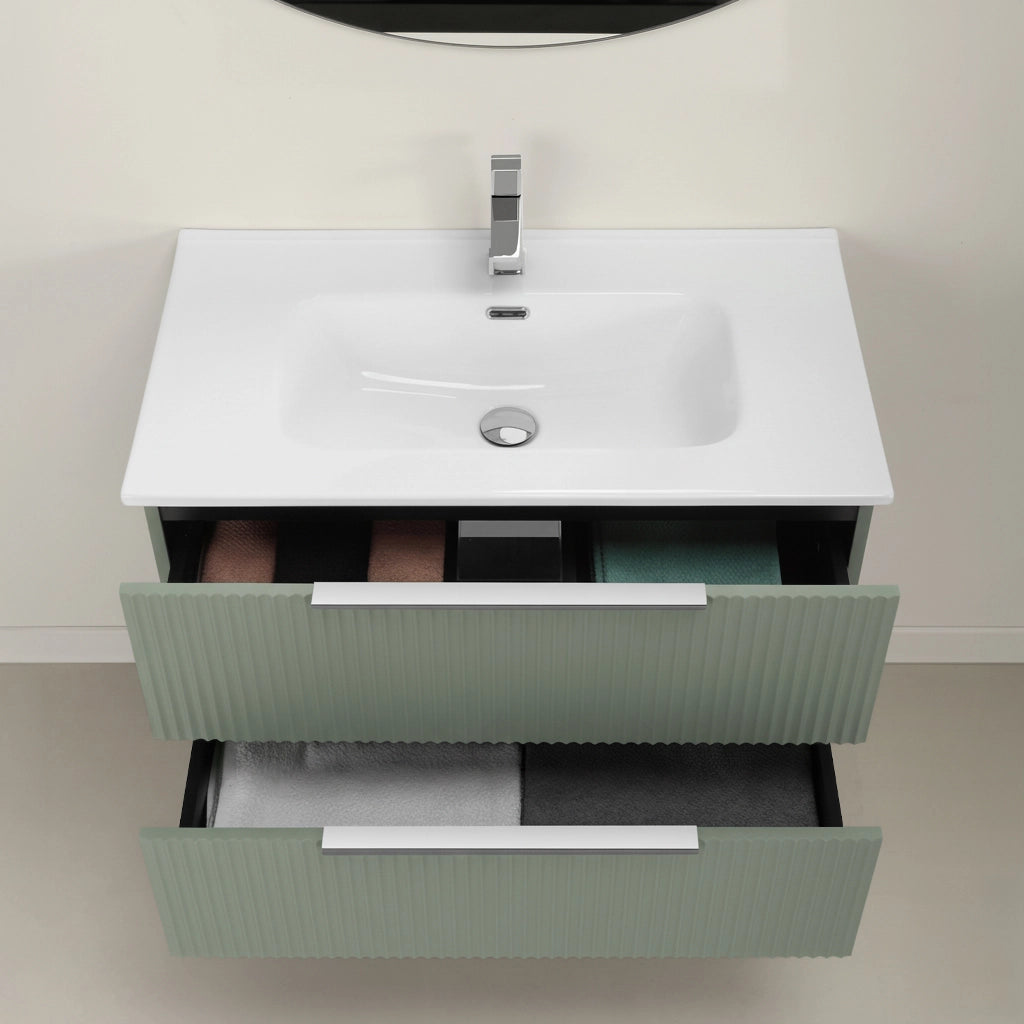 Mobile bagno sospeso 80 cm verde cannettato con lavabo e specchio tondo Zena