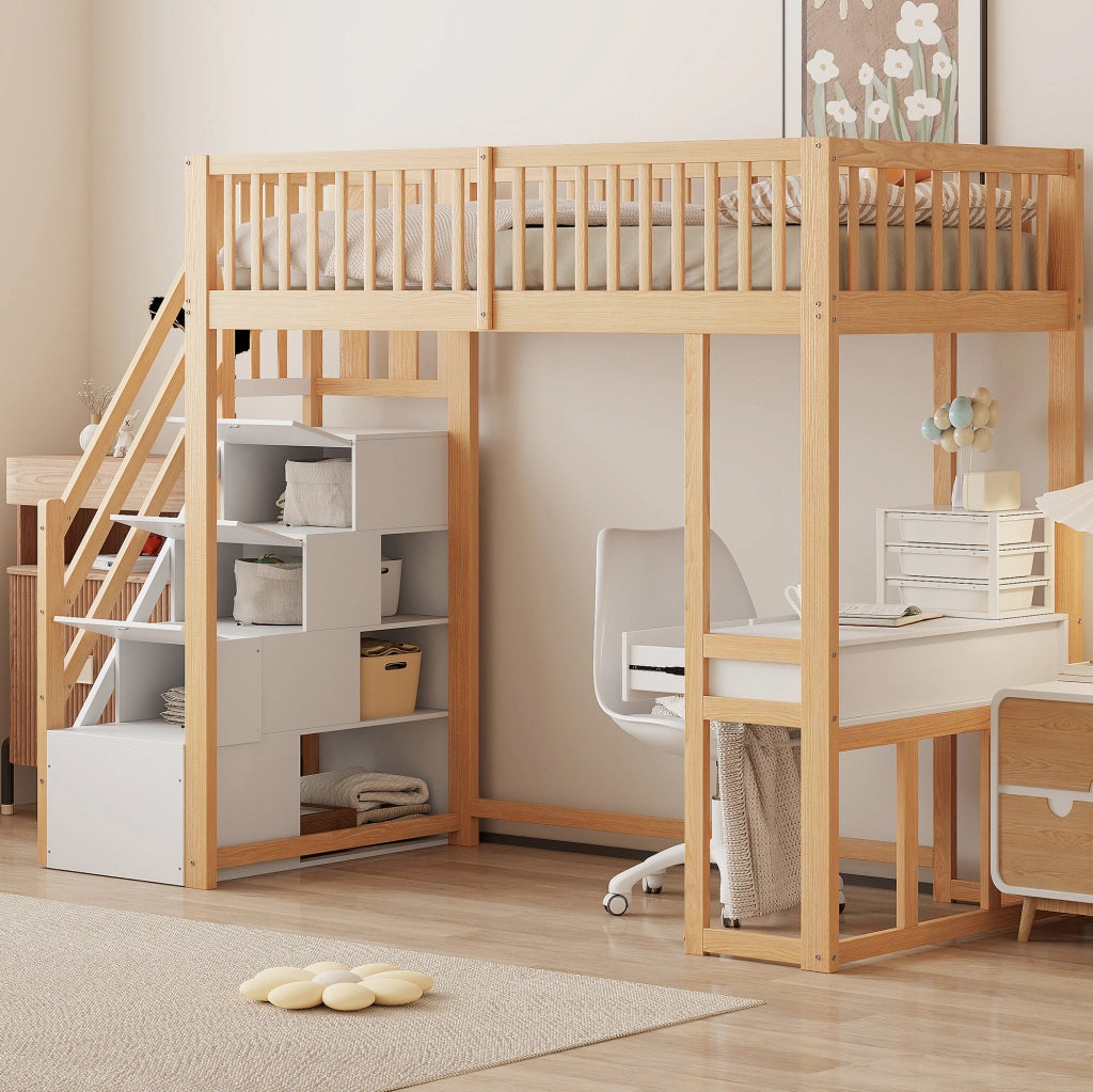 Letto a soppalco 90x200 con scrivania multifunzione e scala contenitore