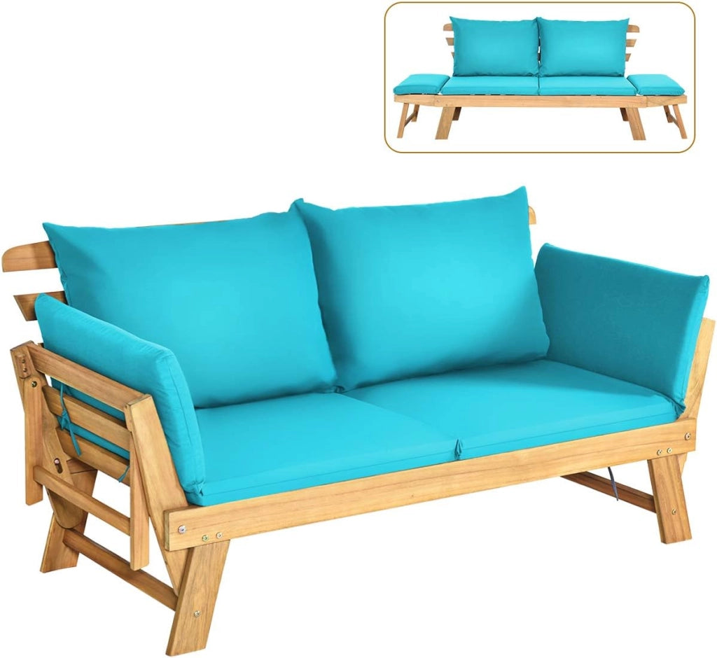 Divano Letto 2 Posti da Esterno in Legno di Acacia con Braccioli Regolabili, Sdraio da Giardino con Cuscini, Chaise longue Pieghevole per Giardino, Piscina, Cortile (Turchese)
