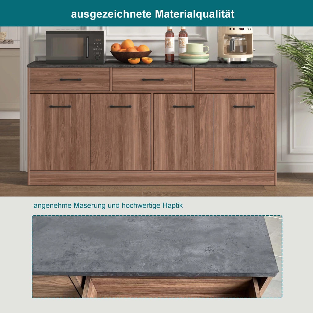 Credenza e madia da cucina con 3 cassetti e ripiani regolabili in MDF finitura noce con piano effetto cemento