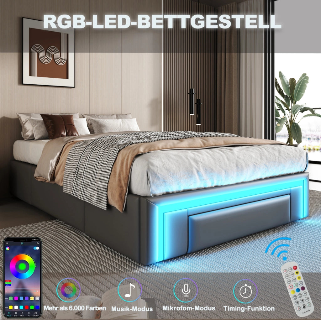 Letto singolo 90x200 cm in PU pelle grigia con cassetti e LED; struttura in metallo