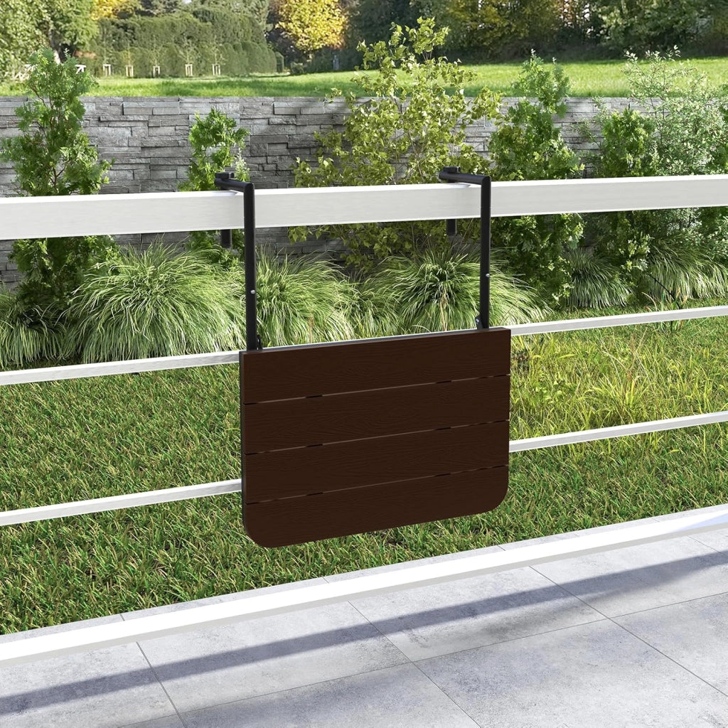 Tavolino Pieghevole da Balcone Nero/Marrone, Tavolo Tavolino da Ringhiera Salvaspazio Altezza Regolabile Struttura in Metallo, 72,5x64x60 cm (Marrone)