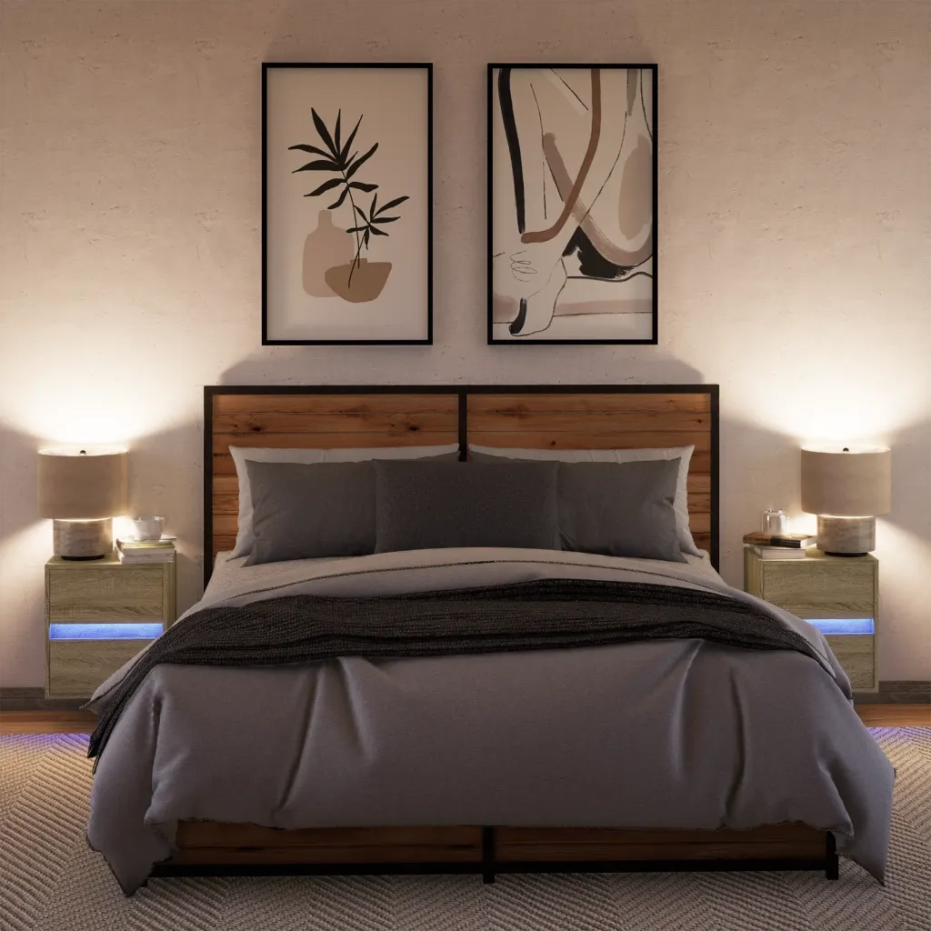 Comodini a Parete con luci LED 2 pz-Set di 2 Tavolino da notte Rovere Sonoma 723072