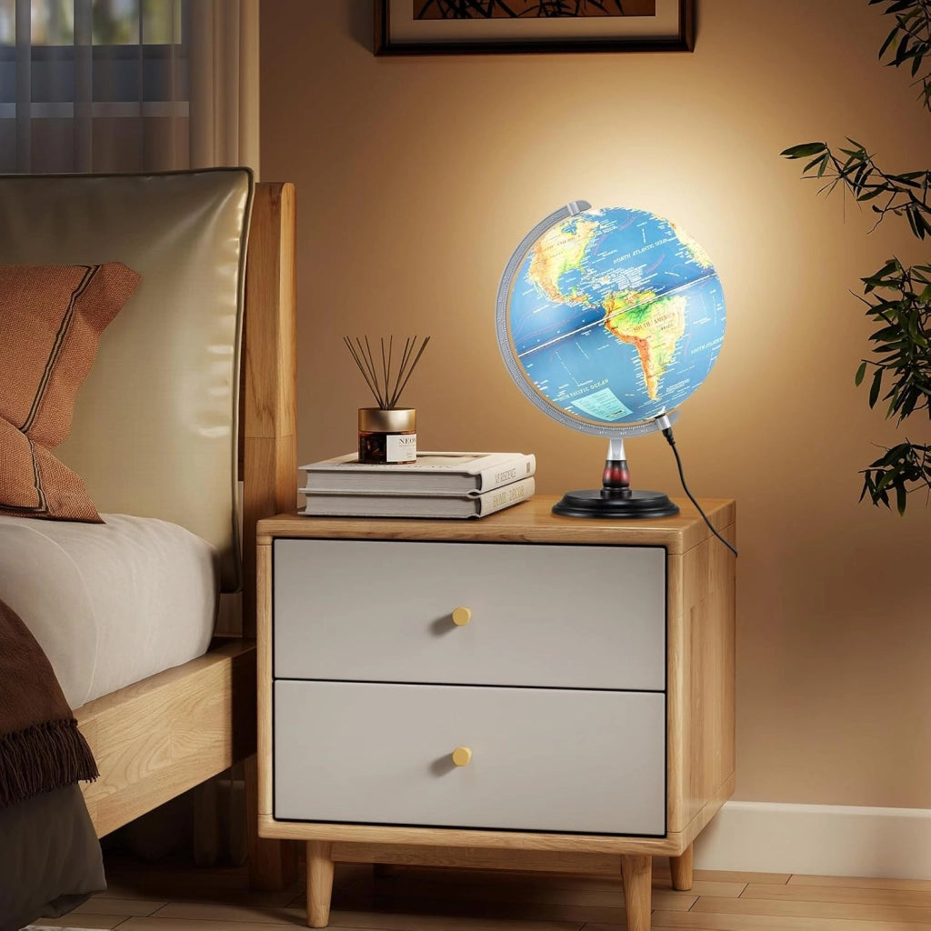 COSTWAY Mappamondo con Luce, Globo Terrestre Illuminato da 30 cm, Supporto in Legno, Decorazione Educativa in l’Inglese, per Casa, Ufficio e Scuola