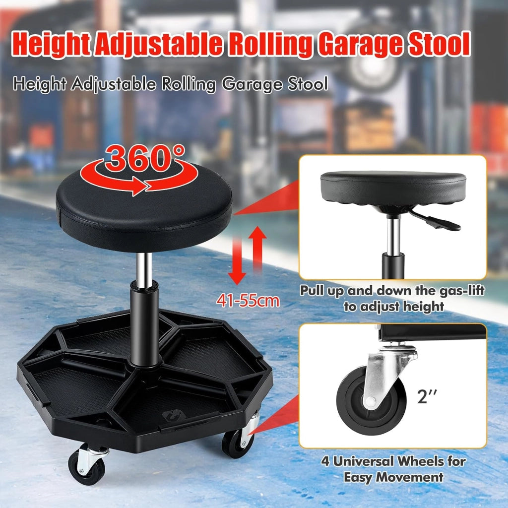Sgabello rotelle, seduta ergonomica regolabile in altezza 41-55 cm, sgabello con vassoio magnetico rimovibile per riporre attrezzi, carico massimo 150 kg, per officina, garage (nero)