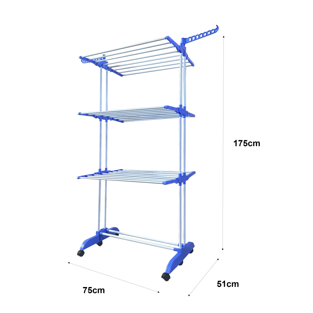 Stendibiancheria XXL Pieghevole Premium Slim Nyana Home | 4 Livelli | Barre in Acciaio | Supporti Laterali per Grucce | Gambe Pieghevoli | 4 Ruote con Freno | Blu