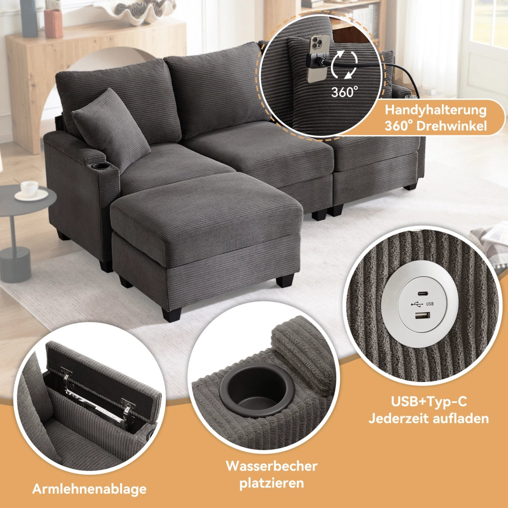 Divano angolare reversibile 3 a 4 posti con pouf, USB e vano portaoggetti, in velluto a coste, grigio scuro