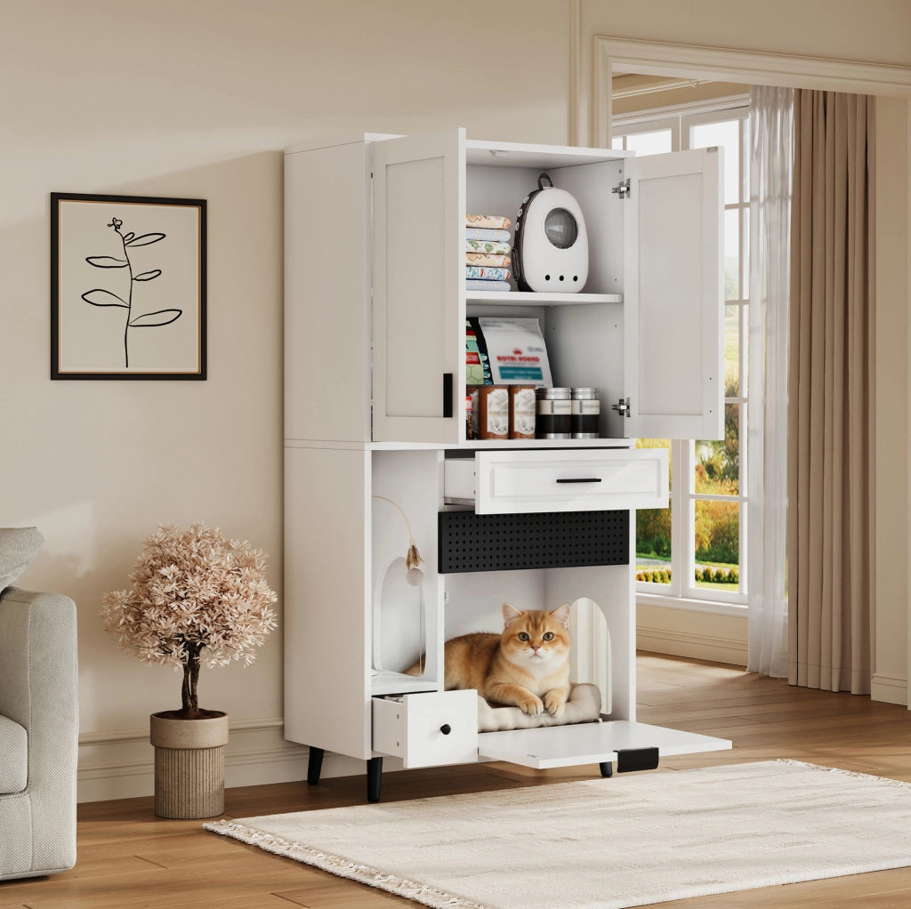 Armadio multifunzione per gatti 80x40x161 cm con ripiani regolabili; cassetti; legno ingegnerizzato bianco