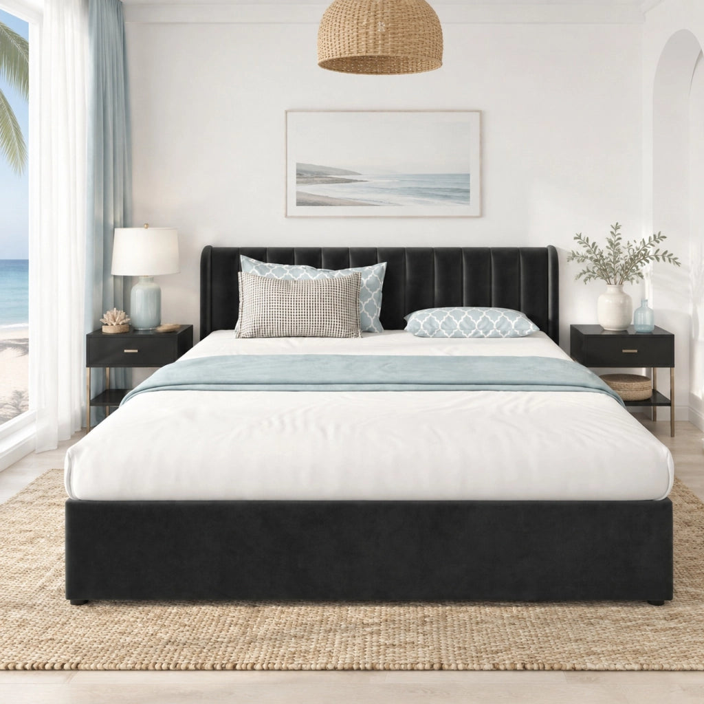 Letto imbottito in velluto nero 180x200 cm con rete a doghe, testiera alta e 2 cassetti