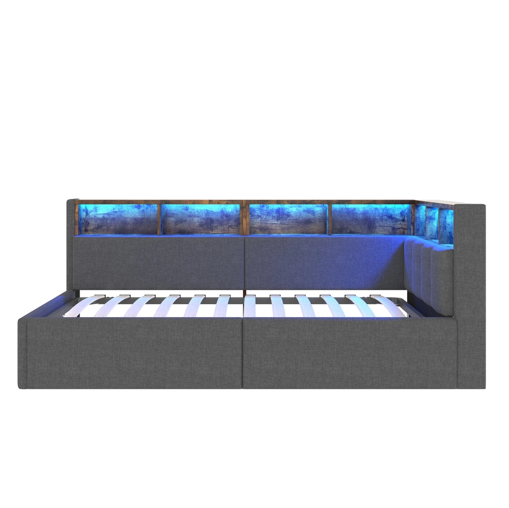 Divano letto 90x200 cm con luci LED e porte USB e Tipo C; in lino grigio