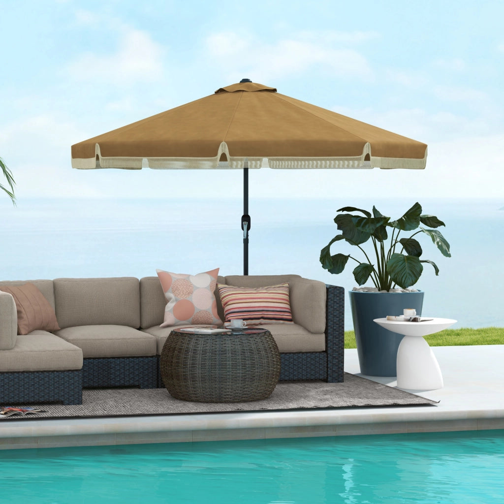 Ombrellone da giardino con frange decor, ?265 cm, inclinabile, 2 pezzi palo in metallo, cappuccio vento, color cachi/nero ¨C zephmum