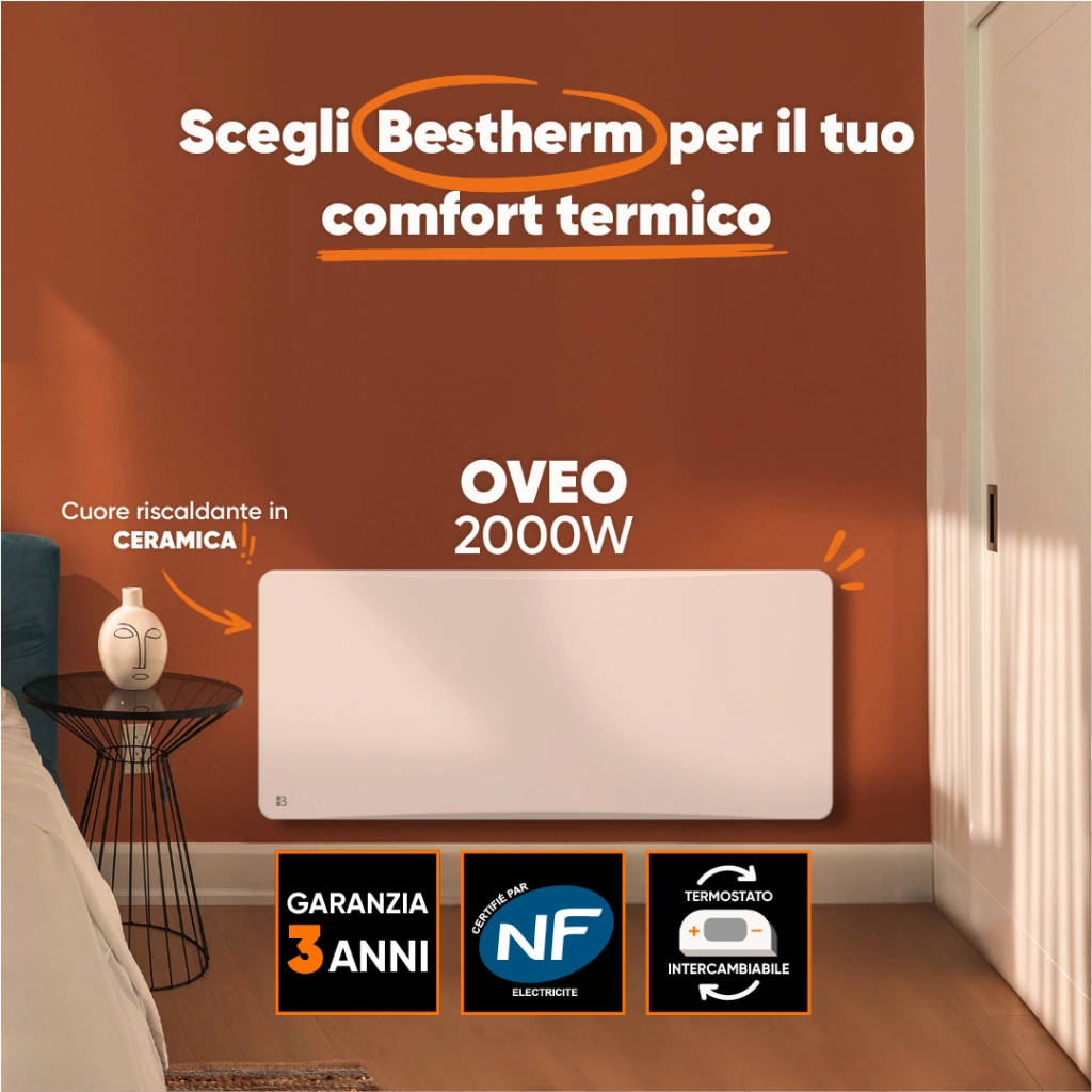 Radiatore elettrico fisso ad inerzia secca ceramica 2000W plug & play OVEO orizzontale bianco