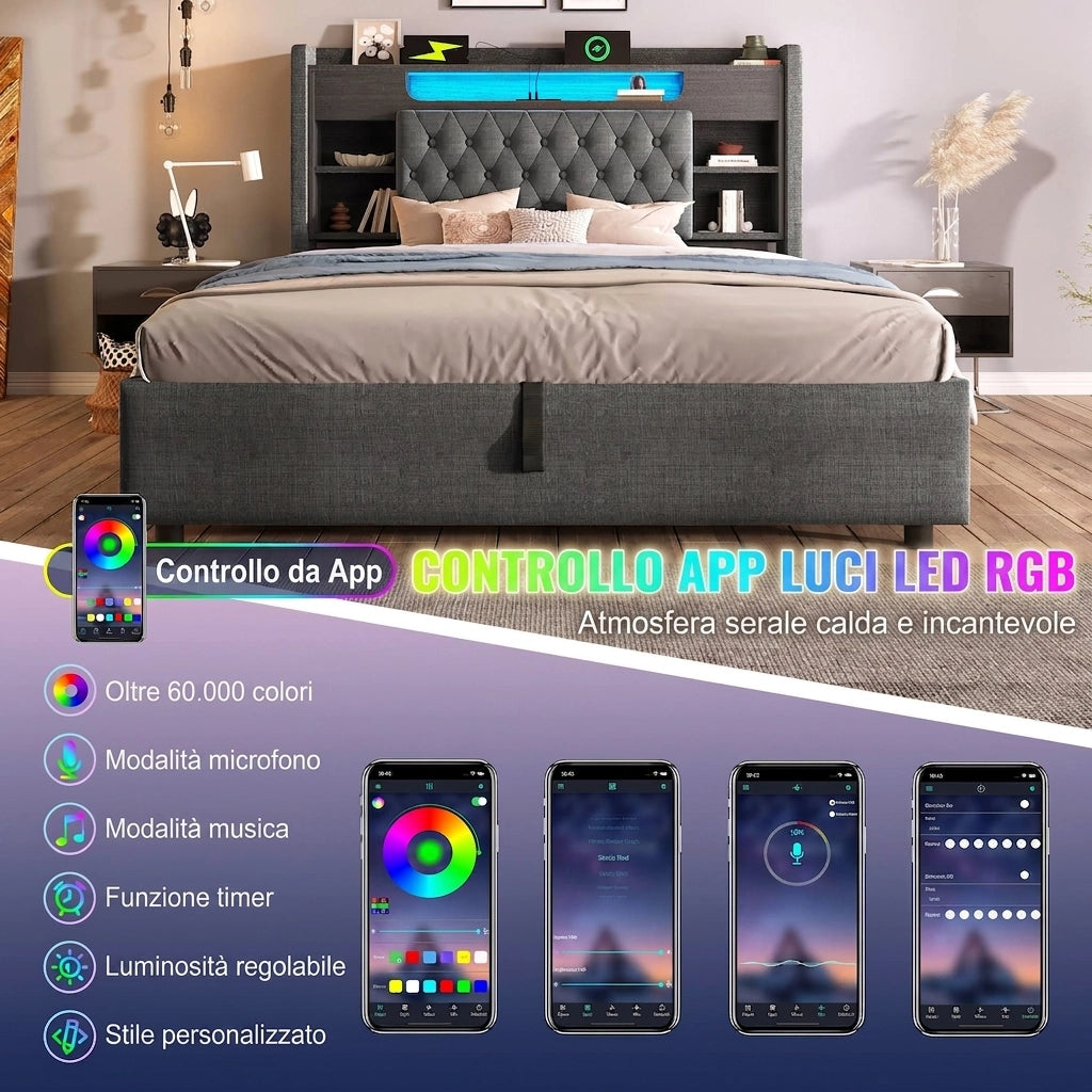 Letto Contenitore 140x190 cm; Letto Imbottito Grigio con LED e Prese USB; in Lino
