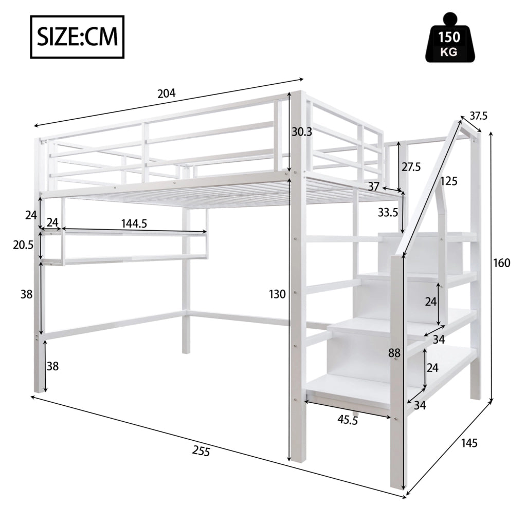 Letto a soppalco 140x200 cm con ripiani e scala contenitore, bianco