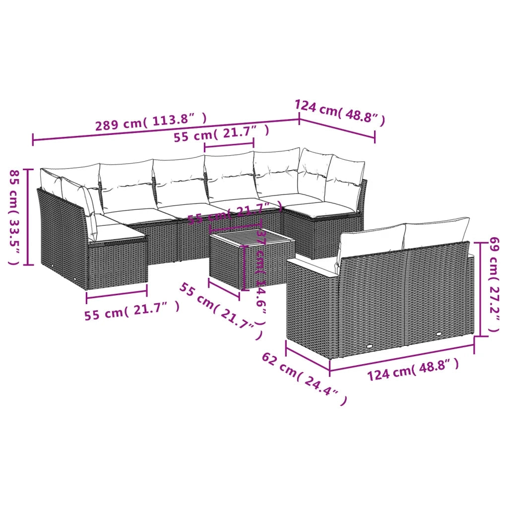Set Divani da Giardino 10pz con Cuscini in Polyrattan Nerocod mxl 92296