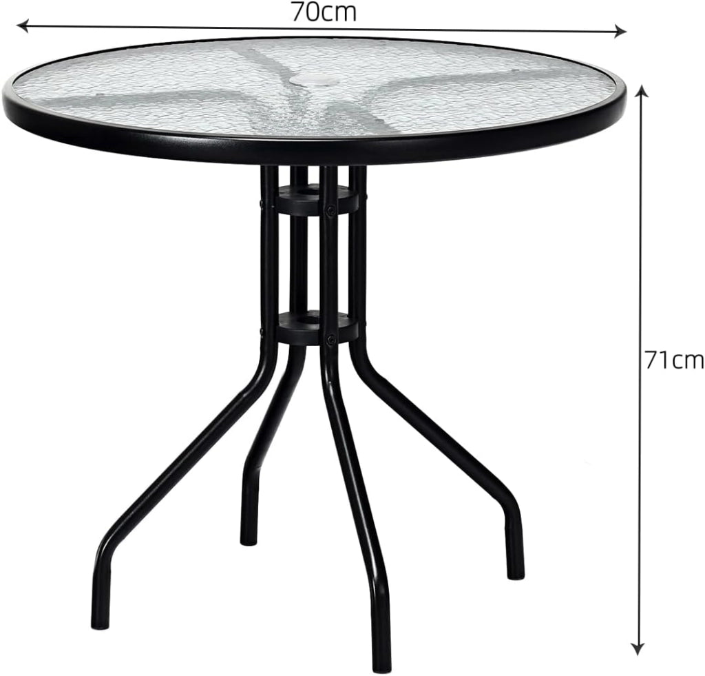 Tavolo da Giardino Rotondo con Foro per Ombrellone, Tavolo da Pranzo con Piano in Vetro e Telaio in Metallo, 70 x 70 x 71 cm, Tavolino da Esterno Classico per Cortile, Terrazza, Balcone
