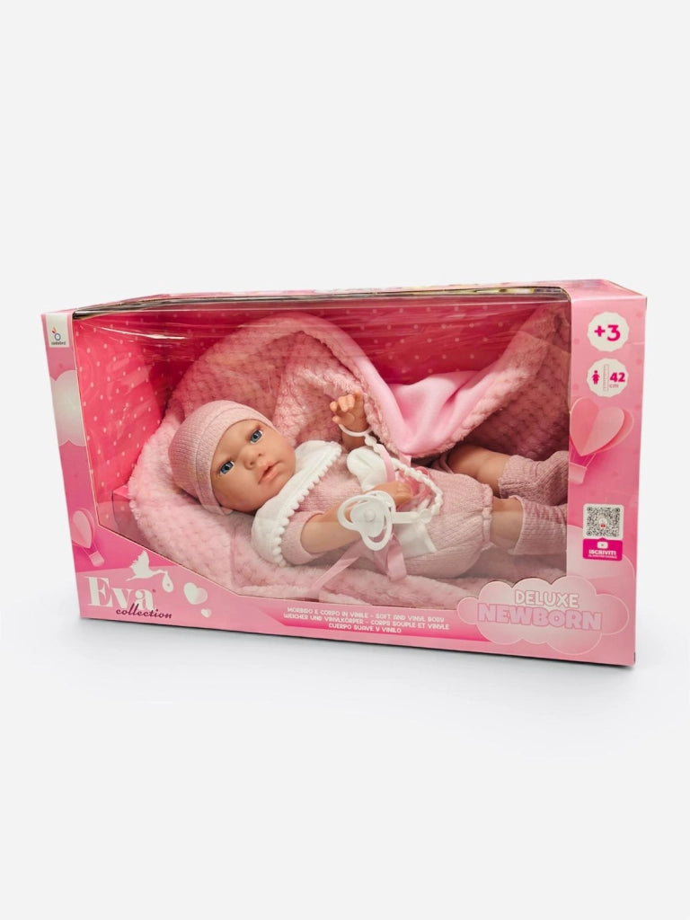 Bambola-Eva Collection, bambola con vestito rosa e copertina rosa-Eta 3+