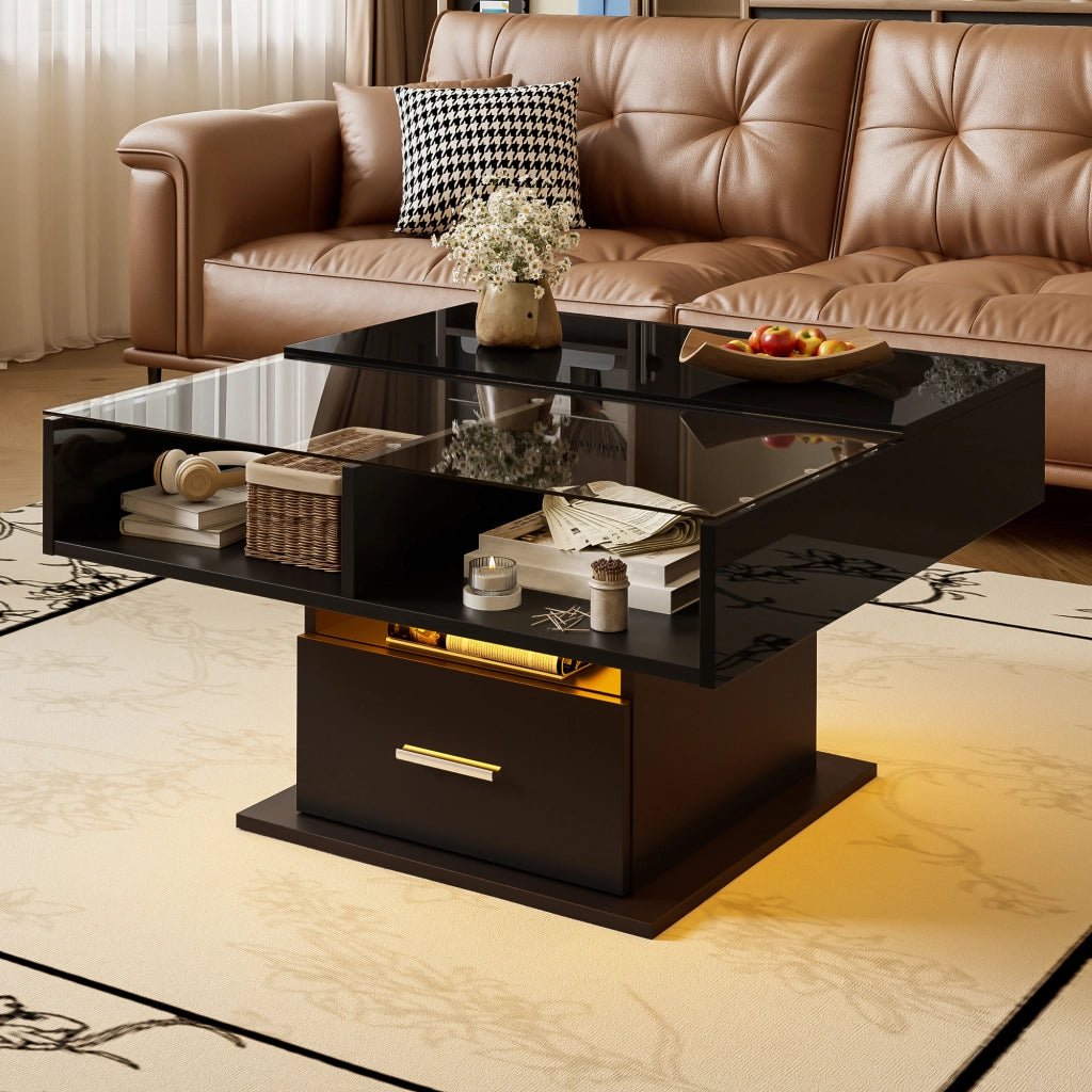 Tavolino da Caffè Sollevabile con 1 Cassetto e 1 Vano e LED; Finitura Parzialmente Lucida; Stile Moderno; in Pannello Truciolare; Nero