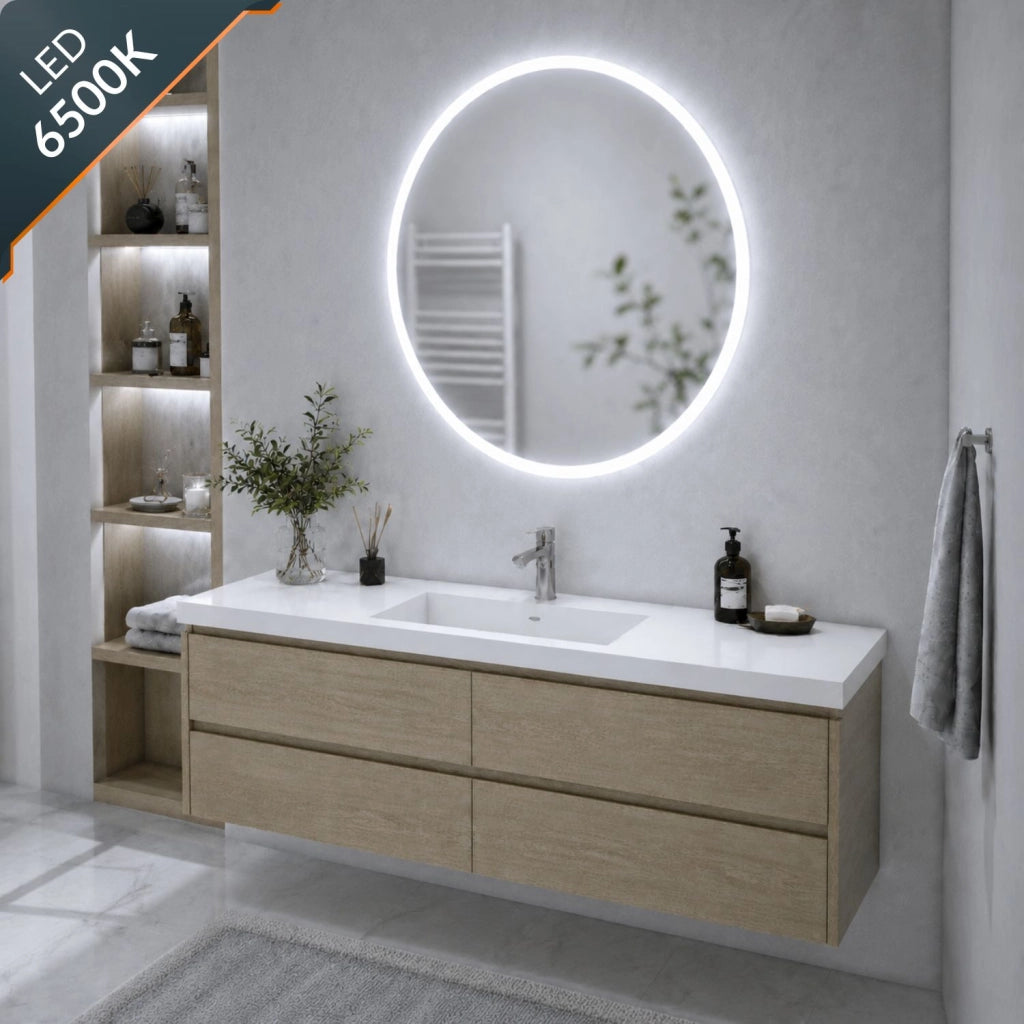 Specchio tondo led dimmerabile con interruttore touch per arredo bagno elegante da parete *** misura Ø90, tonalità ...