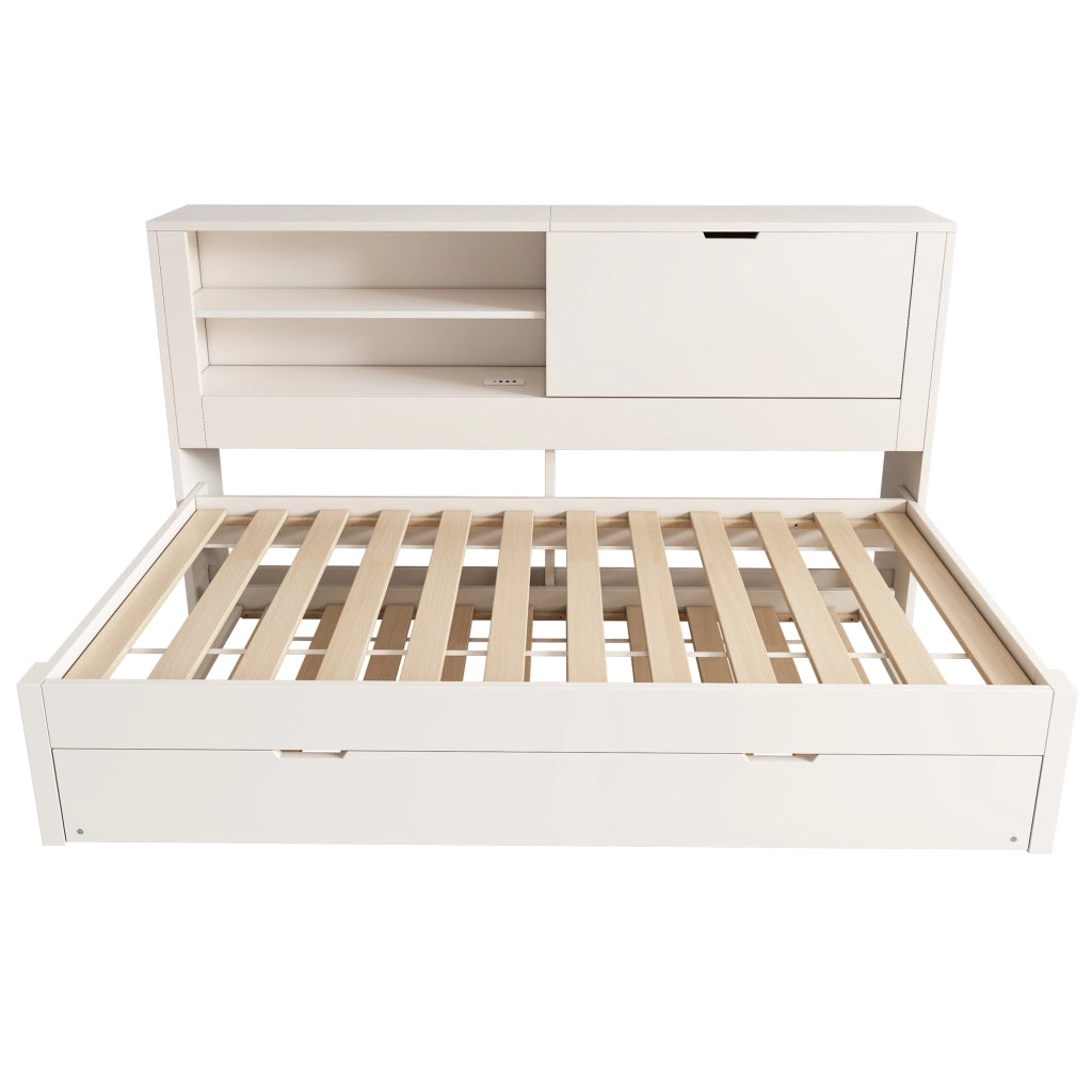 Sofà letto singolo 90x200 cm con letto estraibile, vano contenitore, ricarica USB/USB-C, bianco