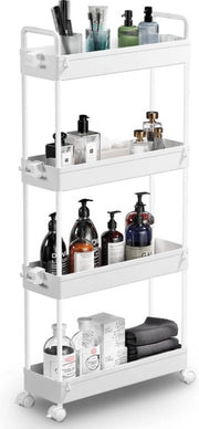 Trolley 4 livelli con ripiano estendibile carrello slittato per spazi angusti organizzatore per cucina, bagno, lavanderia, camera da letto, spazi stretti, plastica, bianco