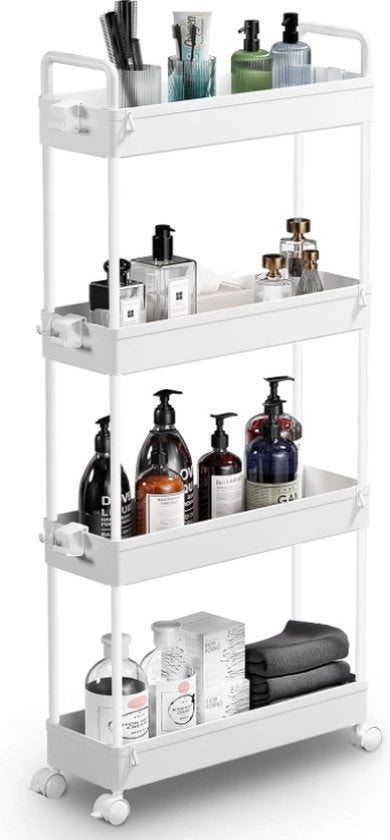Trolley 4 livelli con ripiano estendibile carrello slittato per spazi angusti organizzatore per cucina, bagno, lavanderia, camera da letto, spazi stretti, plastica, bianco