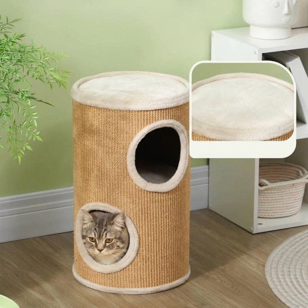 Tiragraffi a Torre per Gatti a 2 Livelli con Rivestimento in Sisal e Peluche; Marrone e Beige; Ø35x60 cm