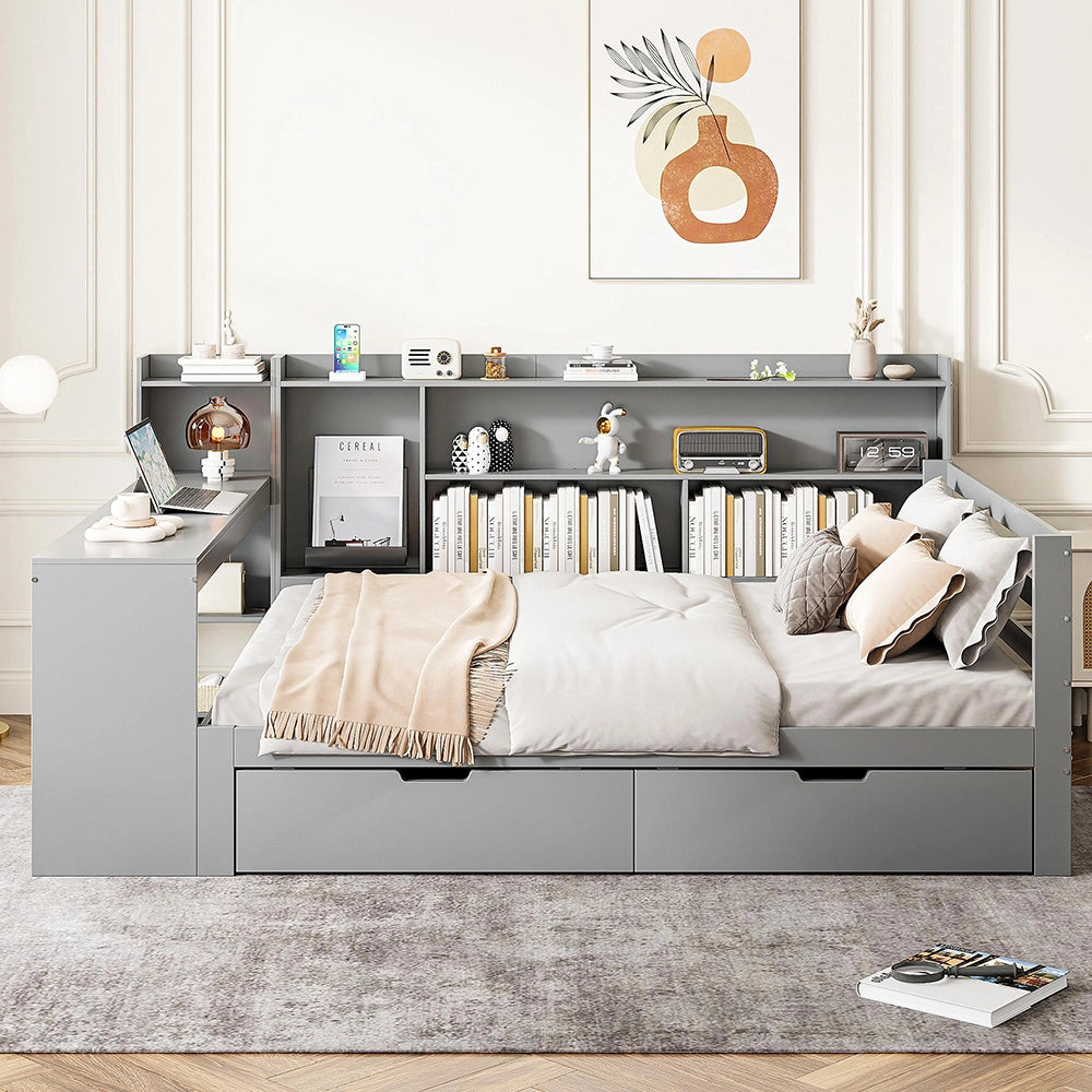 Divano letto-Xylo-140x200 cm-scrivania, 2 contenitori, prese, legno grigio