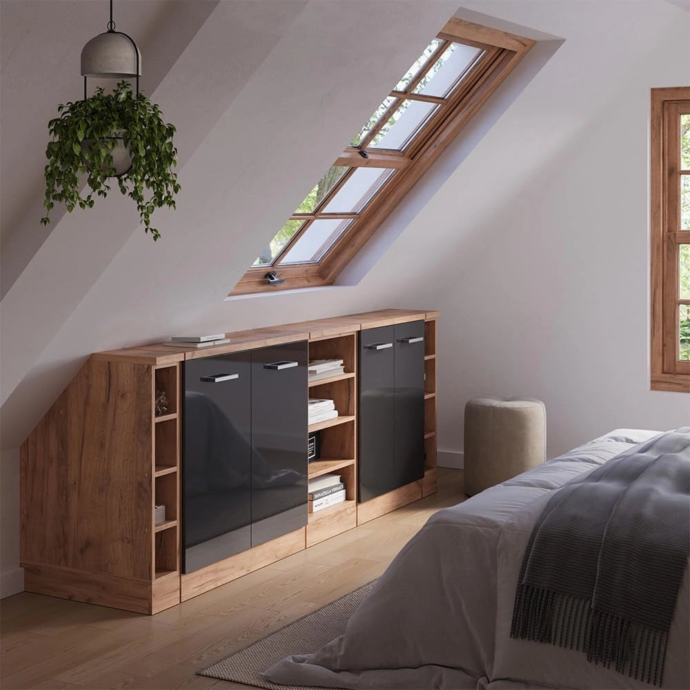 Set di mobili sottotetto Rion, Antracite lucido, 210 cm Set di 5 carcasse armadio profondità 60 cm, adatto per il salvaspazio sotto tetti spioventi