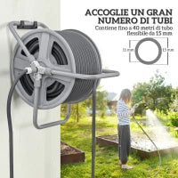 Avvolgitubo da Giardino a Parete e Autoportante per 40m di Tubo con Manovella, Grigio