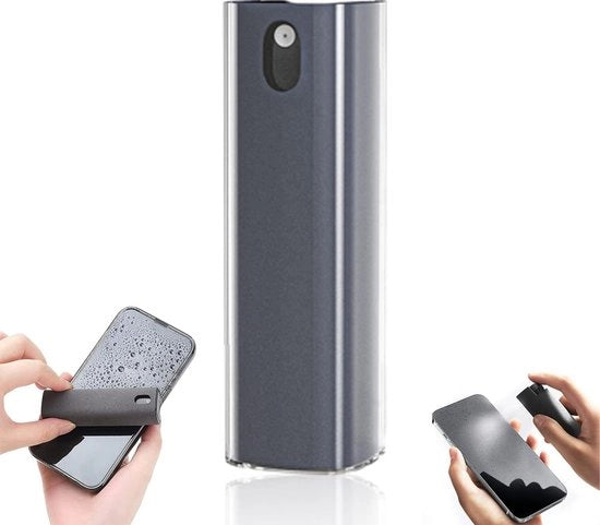 Pulitore per schermo 2 in 1 - Microfibra - Kit di pulizia per schermi di smartphone, tablet e laptop - Spray di pulizia - Kit di pulizia portatile - Grigio