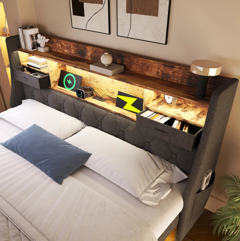 Letto matrimoniale 160x200 cm con LED, ricarica USB e testiera contenitiva